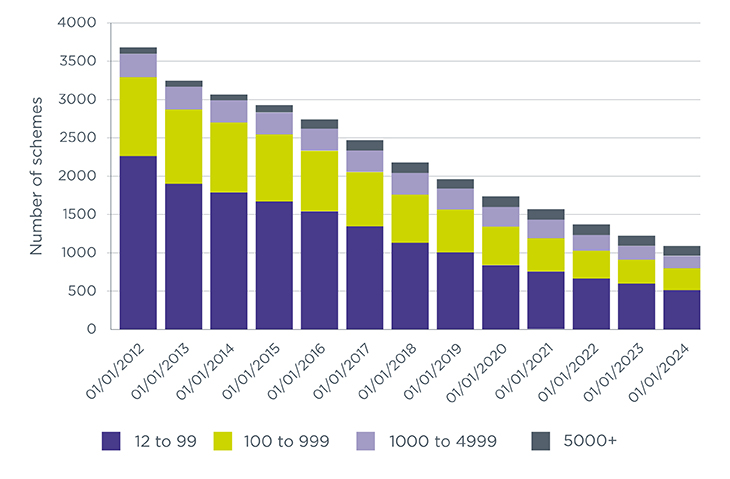 Figure 1: Occupational DC schemes by membership size group (including hybrid schemes, excluding micro schemes) (2012 to 2024)