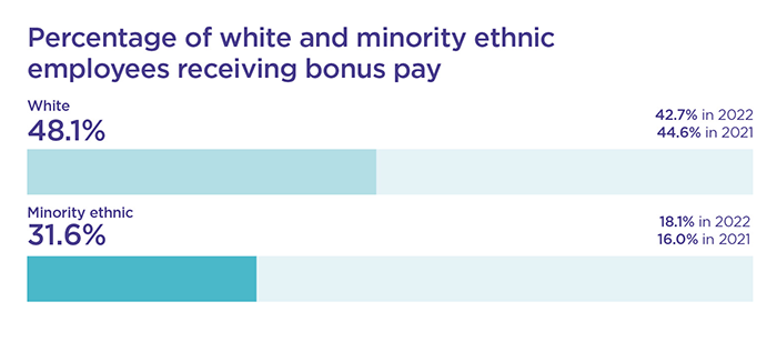 Bar chart showing white and minority ethnic bonus pay as detailed in the text below
