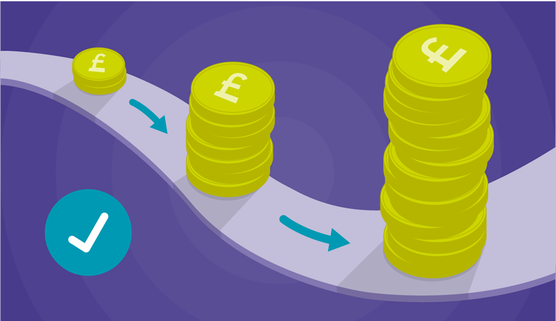 Example of three illustrated stacks of gold coins in height order on a purple background.