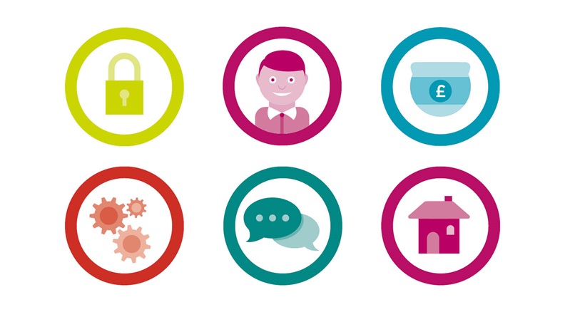 Example of six icons on two rows in different colours.
