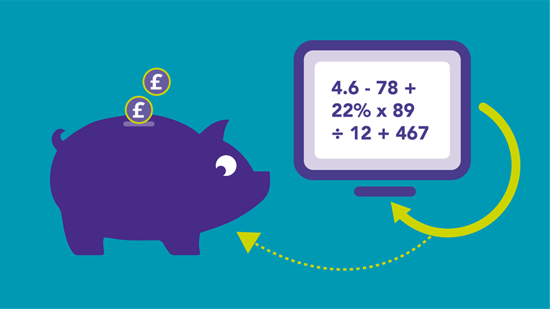Example of illustrated piggy bank next to an equation on a screen linked by yellow arrows.