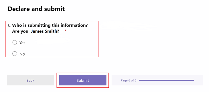 An example screen shot of the declare and submit section of the part 1 scheme return form. The submit button at the bottom of the form is highlighted.