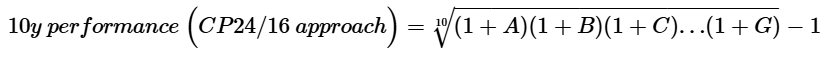 10y performance (CP24 over 16 approach) equals root 10 of (1 plus A) (1 plus B) (1 plus C) dot dot dot (1 plus G) end root minus 1