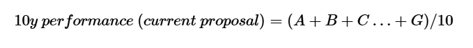 10y performance (current proposal) equals (A plus B plus C dot dot dot plus G) over 10